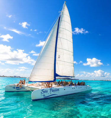 Foto del catamarán en el agua de camino a Isla Mujeres de excursión