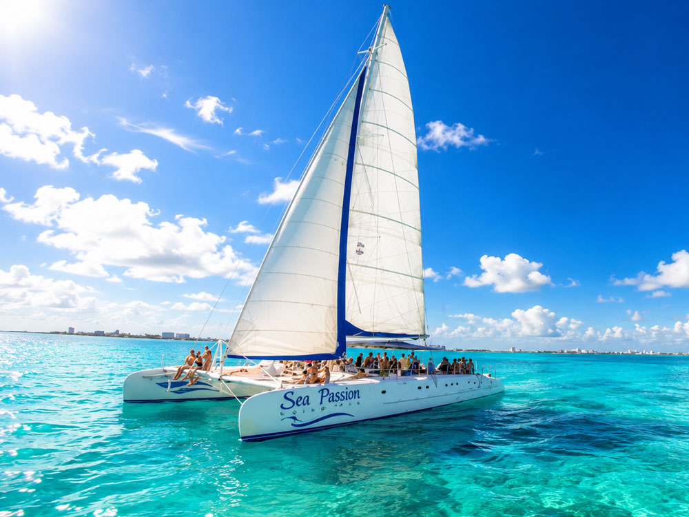 Foto del catamarán en el agua de camino a Isla Mujeres de excursión
